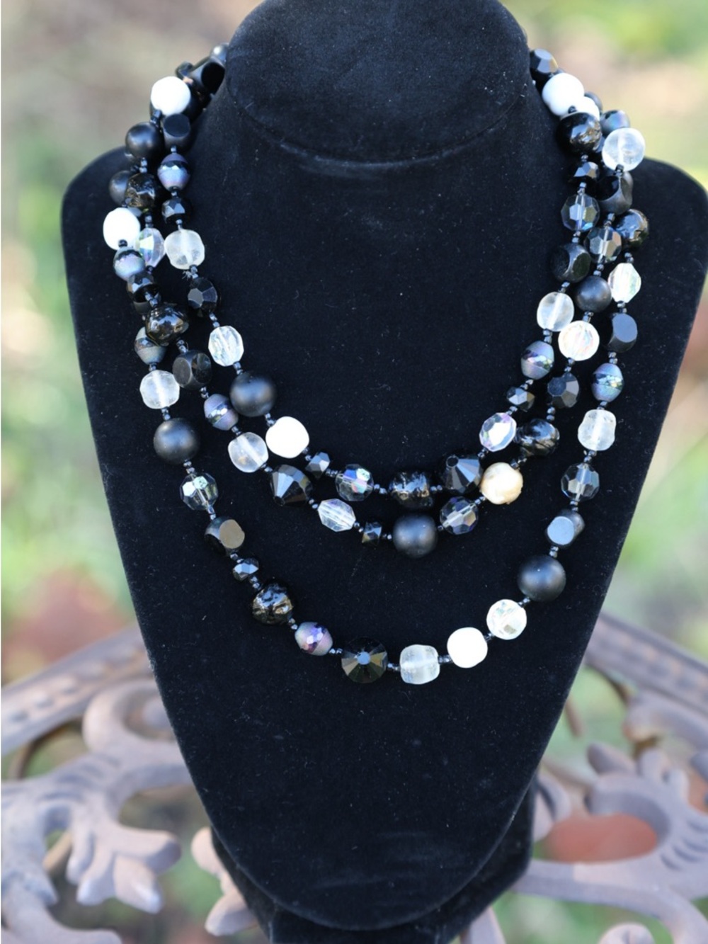 Black and White Multi-Strand Beaded Necklace by